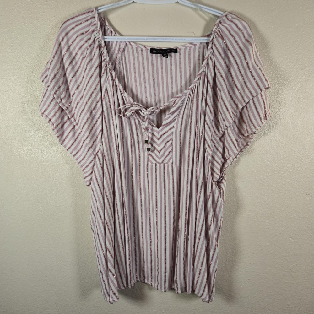 Adrienne Vittadini Blouse Womens 3X Pink Striped Kimono Sleeve V-Neck Tunic Top